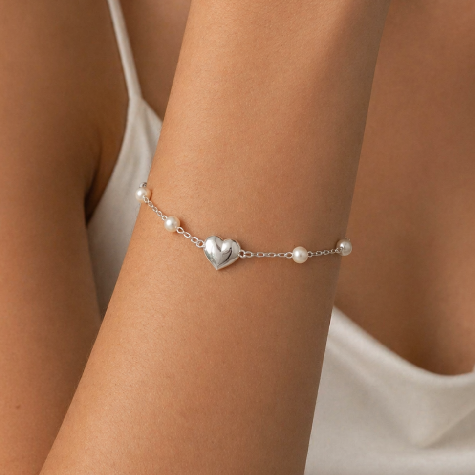 Pulseira com Pérolas 5mm e Coração 10mm em Prata 925 – Corrente Cadeado 18cm com Alongador - #2