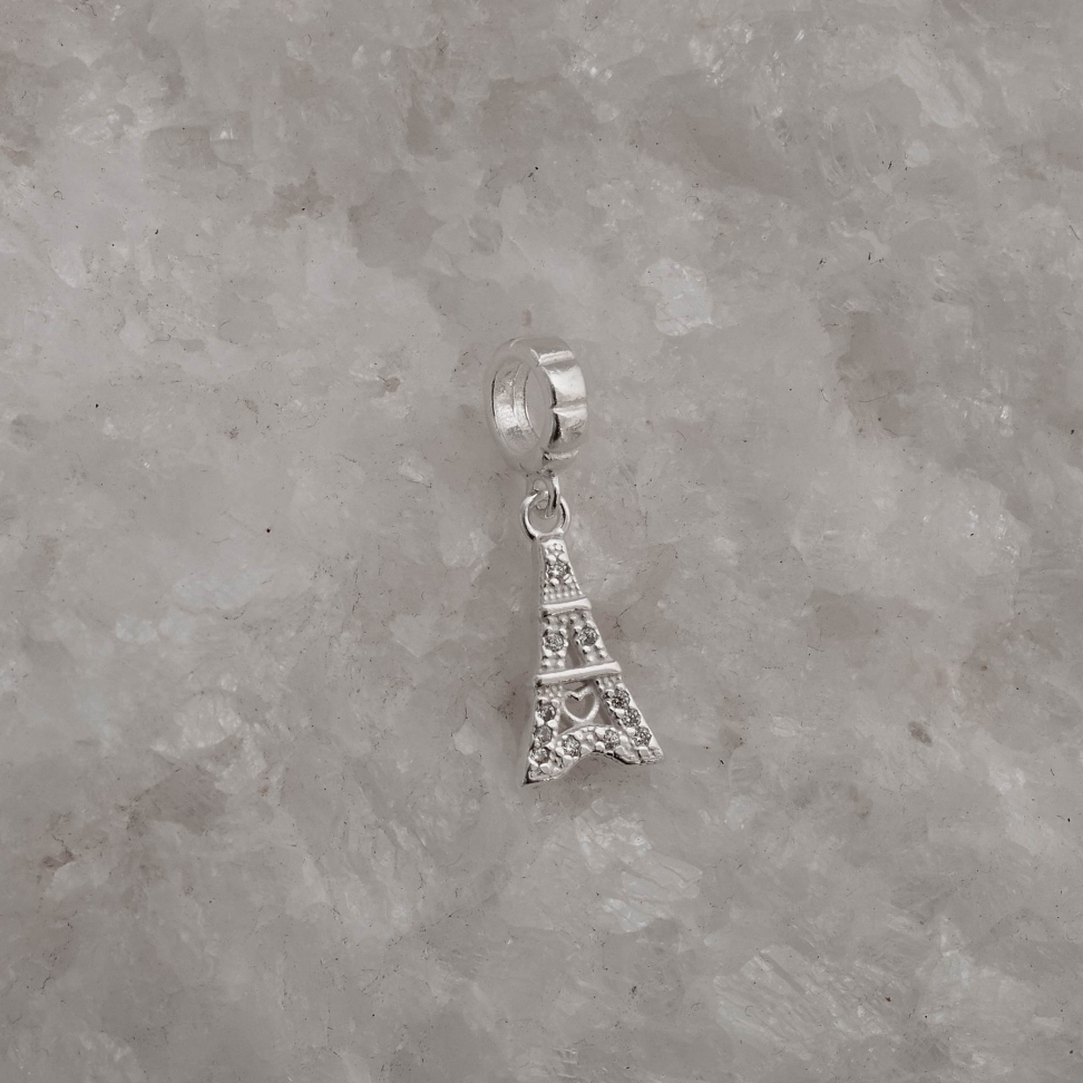Berloque Pingente Torre Eiffel Cravejada em Prata 925 13mm